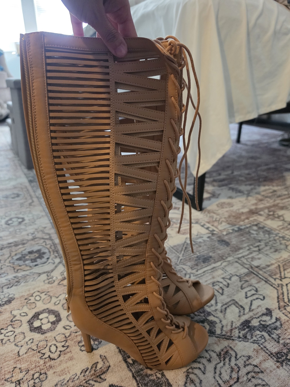 Anne Michelle Tan Lace-Up Cutout Knee-High Heeled Boots